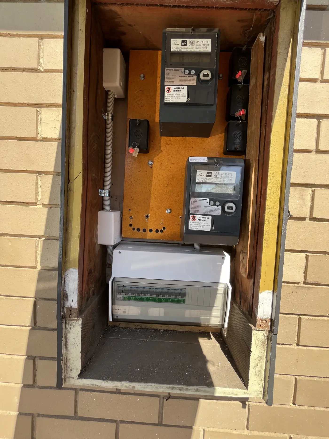 Older meter box fitted with modern circuit protection