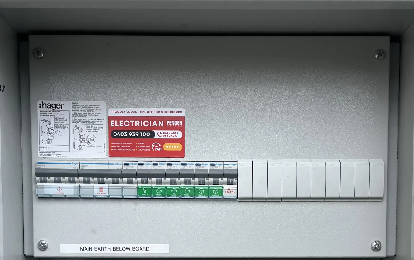 Newly installed switchboard with safety switches on every circuit